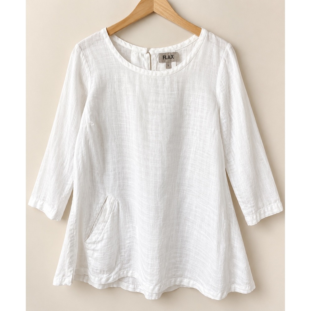 FLAX Cream 100% Linen Tunic 3/4 Sleeve Button Back Size S Minimalist Lagenlook